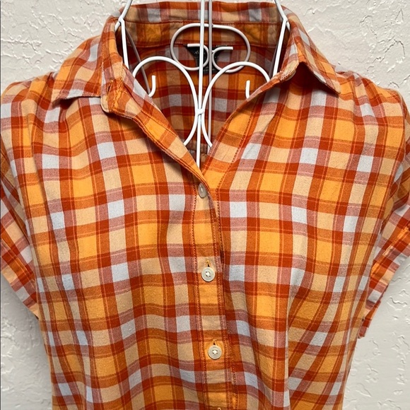 Eddie Bauer Orange white Plaid Button Up Cap Sleeve Blouse Top - Picture 5 of 8